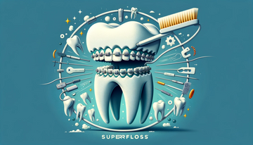 dente con prodotti dentali come filo interdentale superfloss
