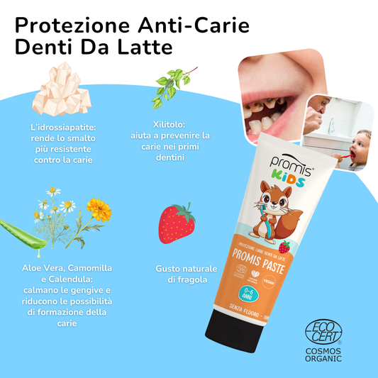 promis paste kids | protezione carie denti da latte senza fluoro | 0 - 6 anni